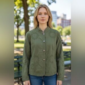 Christopher Banks Army Green Floral Embroidered Jacket Cottagecore Whimsy Size L